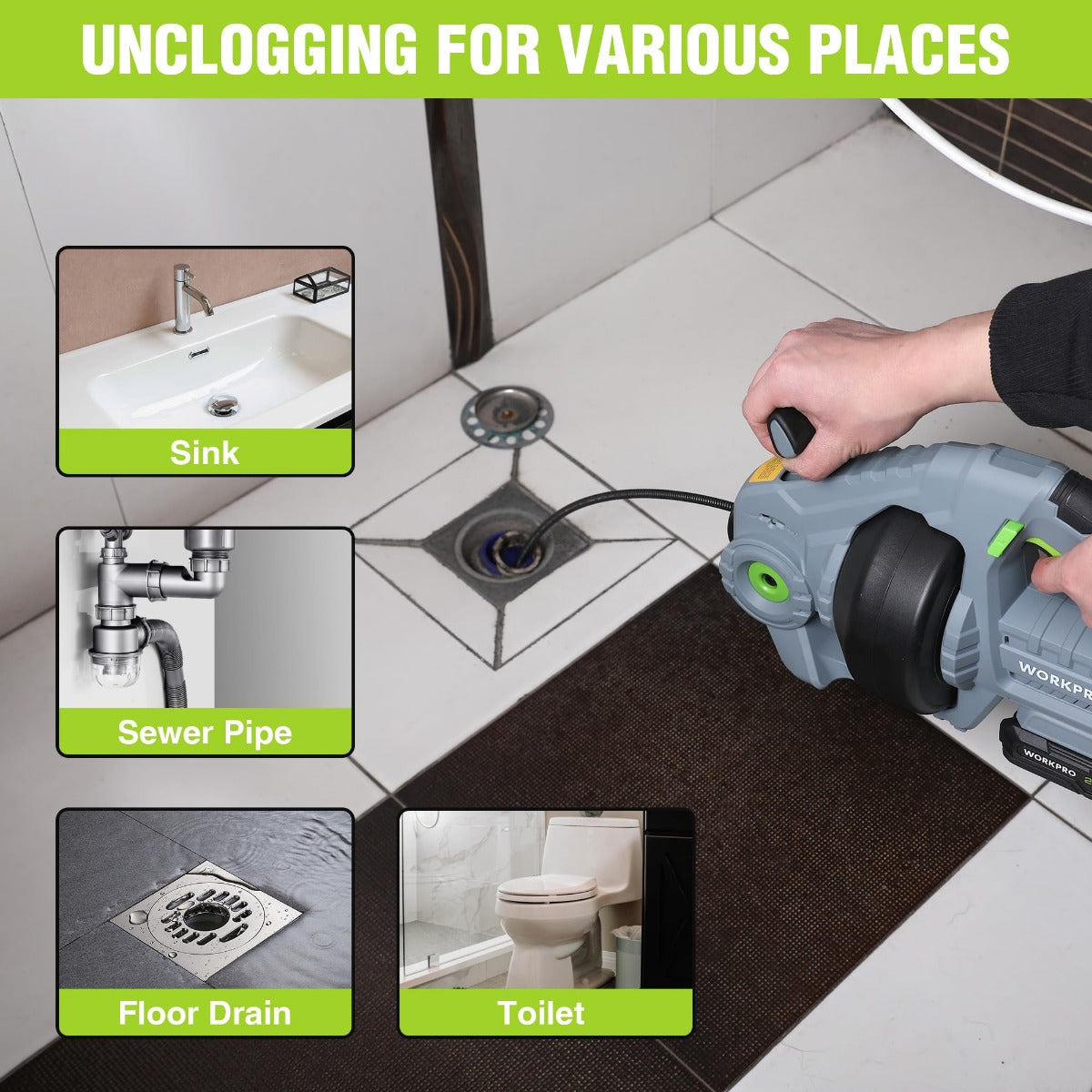 WORKPRO 20V Electric Drain Auger with 2.0AH Battery and Charger - 25Ft Plumbing Snake Drain Hair Removal Tool Set - Image 4