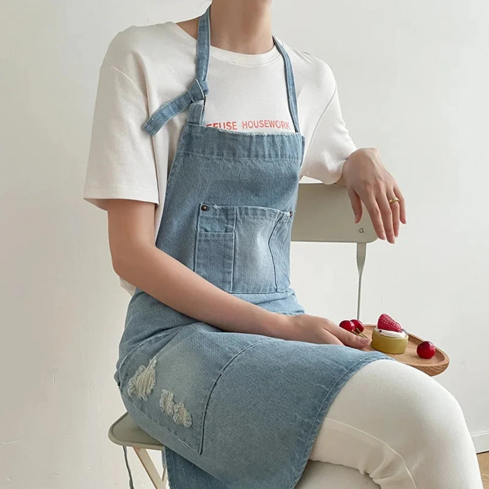 Kitchen Apron Cotton Denim Front Pocket Machine Washable - Image 2