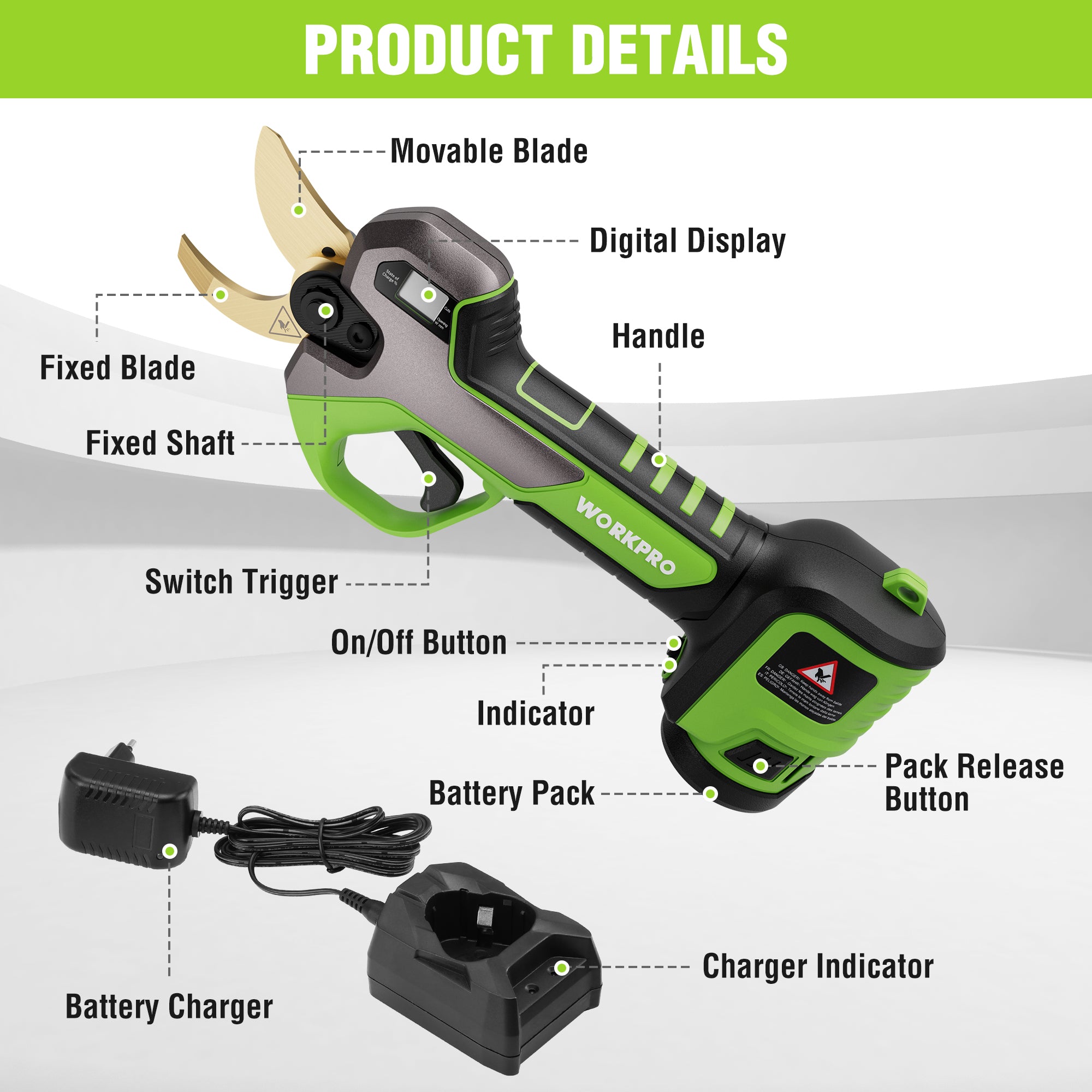 WORKPRO 12V Cordless Electric Pruning Shears with 2 Pack Rechargeable Battery and Fast Charger, 1.2 Inch Cutting Diameter - Image 2