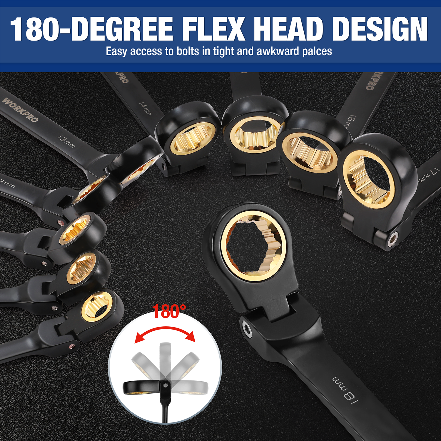 WORKPRO 22-piece Flex-head Ratcheting Wrench Set Anti-Slip Tooth with Organizer Box, Metric 6-18mm & SAE 1/4-3/4" - Image 2