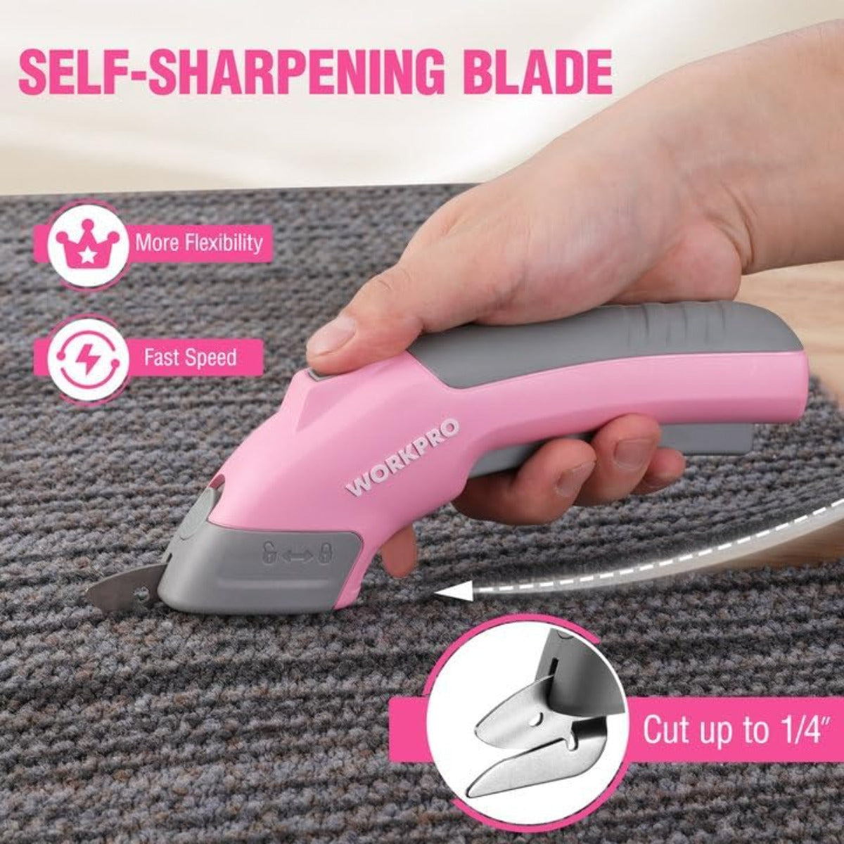 WORKPRO 4V Rechargeable Cordless Electric Scissors With Storage Case & 2 blades - Pink Ribbon - Image 2
