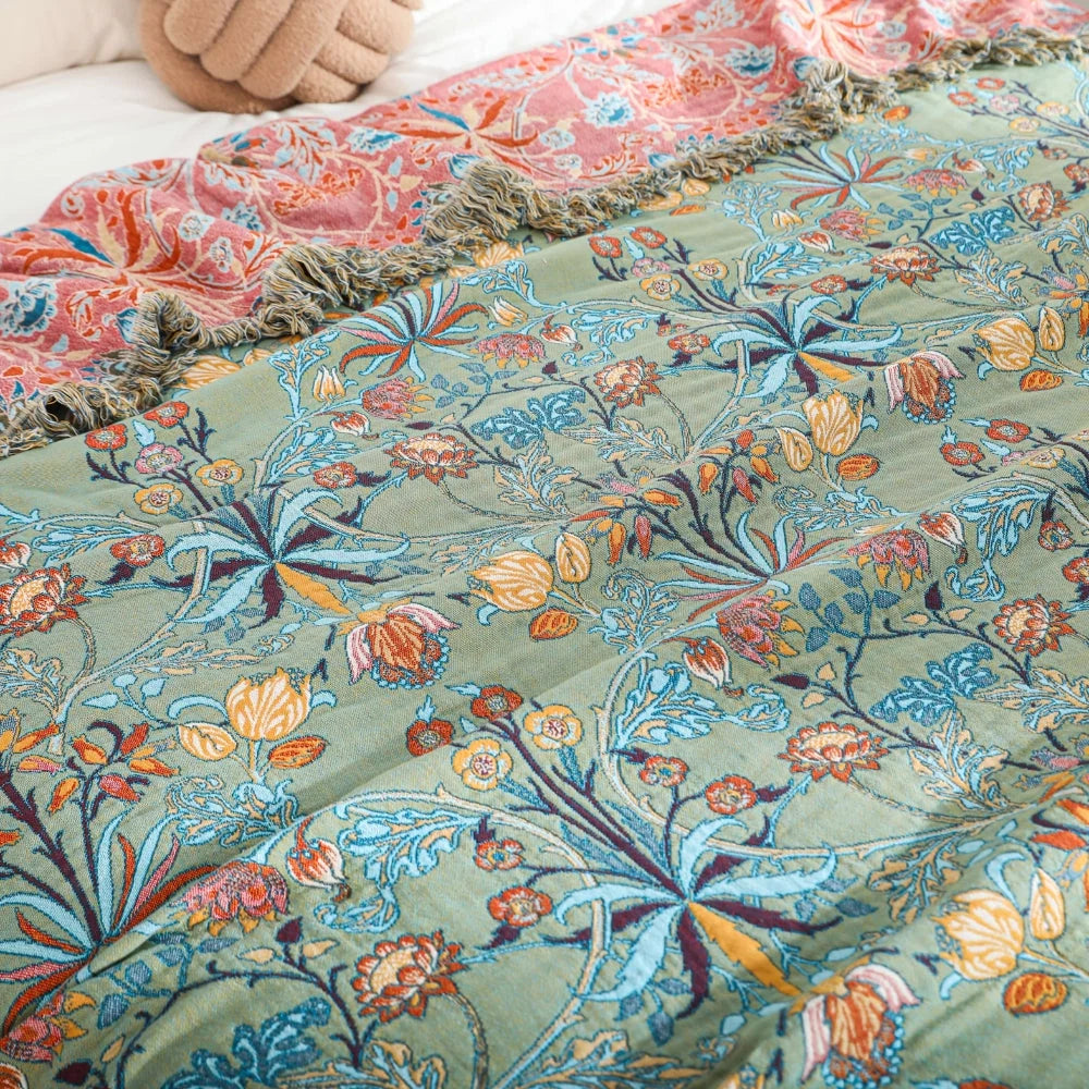 Blanket Reversible Cotton Jacquard Floral Tassels - Image 2