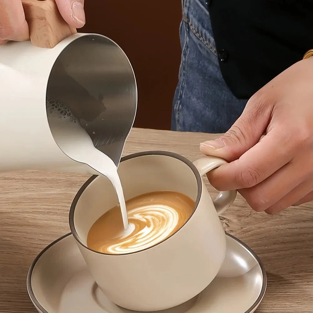 Milk Frothing Pitcher Stainless Steel Wood-Effect Handle Internal Scale - Image 3