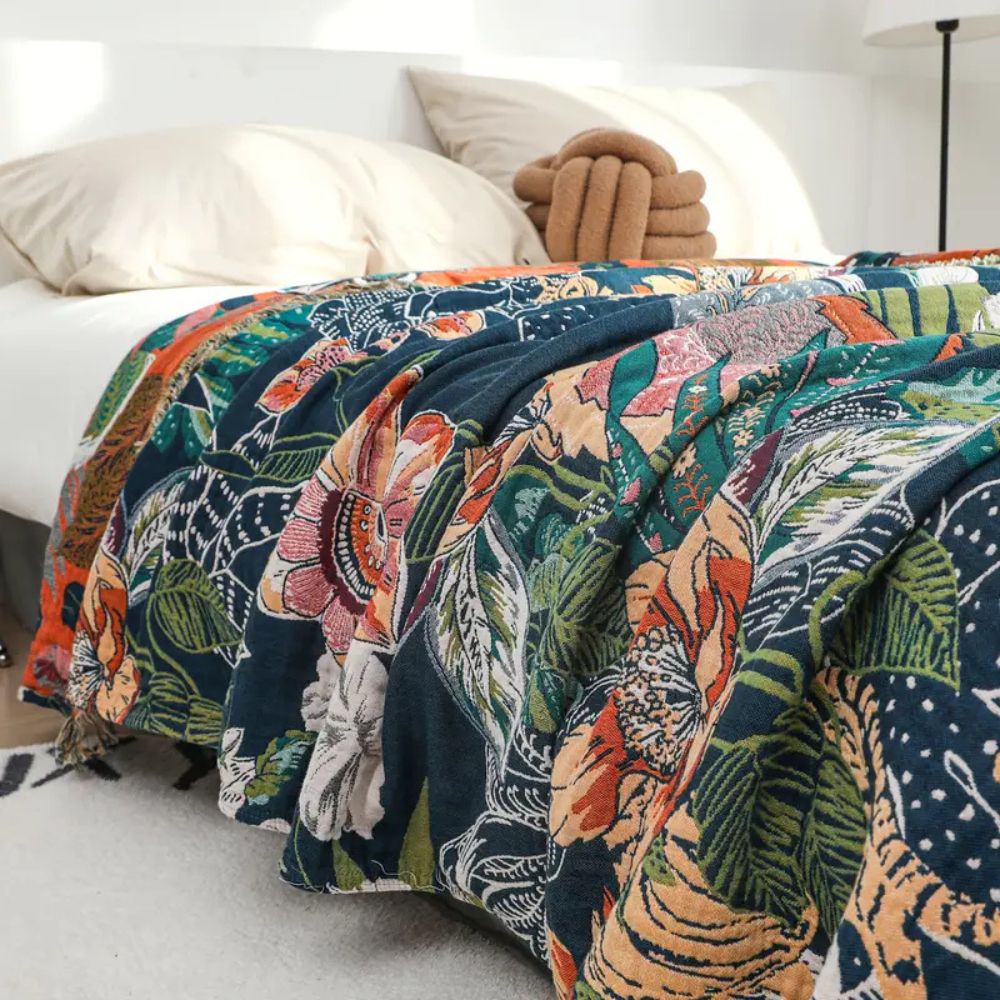 Throw Blanket Gauze Cotton Reversible Jacquard Tassel Edges - Image 3