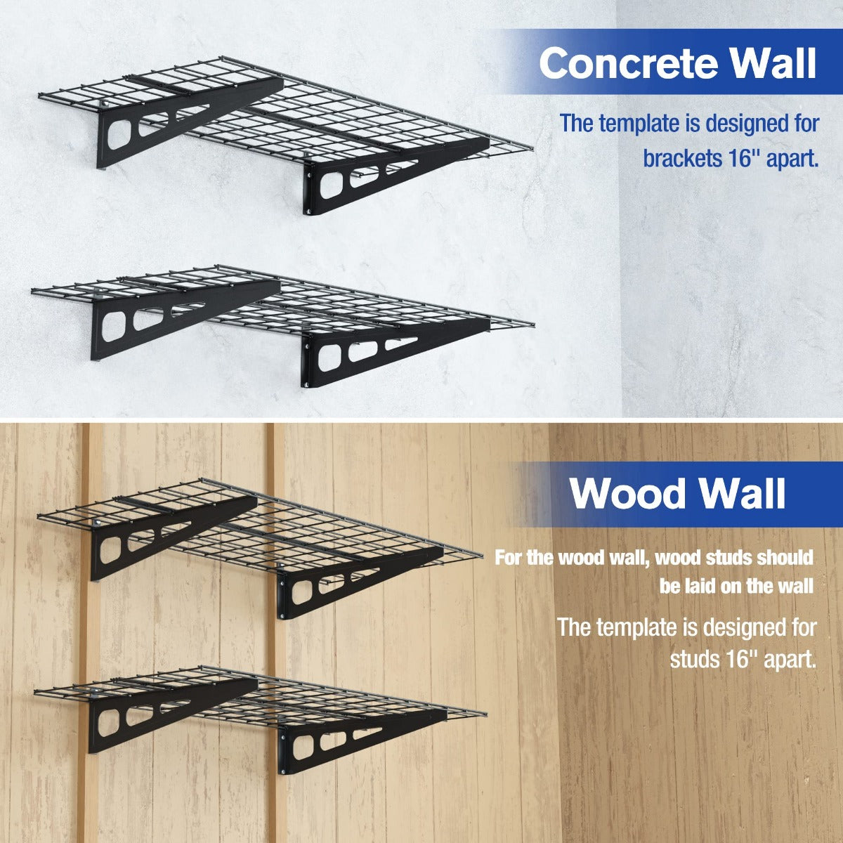 WORKPRO 2-Pack 2x4FT Heavy Duty Garage Wall Mounted Shelving, 48” x 24", 400lbs Load Capacity (Total), Black - Image 4