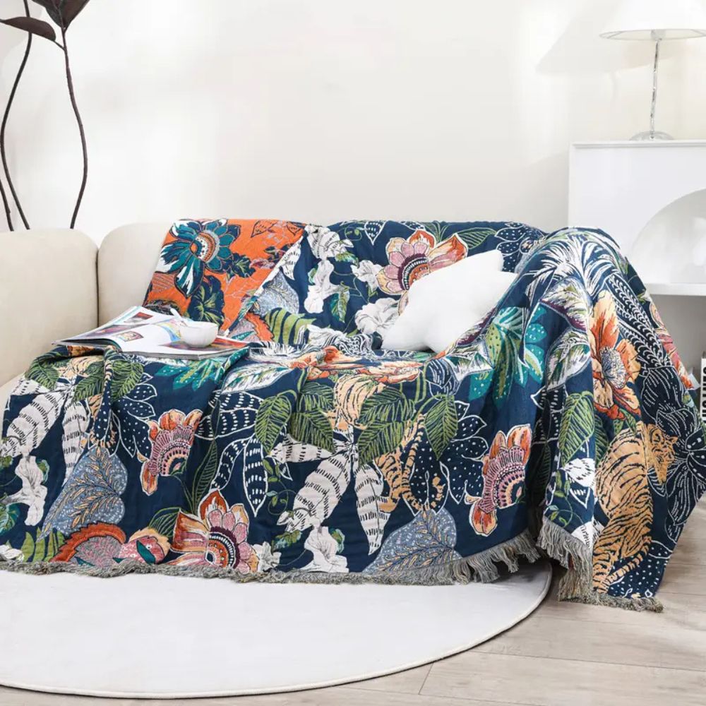 Throw Blanket Gauze Cotton Reversible Jacquard Tassel Edges - Image 4