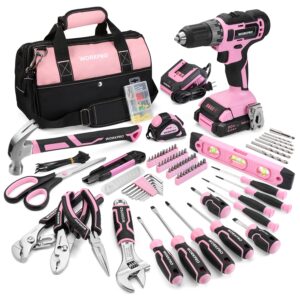 WORKPRO 157 Pcs Household Tool Kit with 20V Cordless Lithium-ion Drill Driver - Pink Ribbon