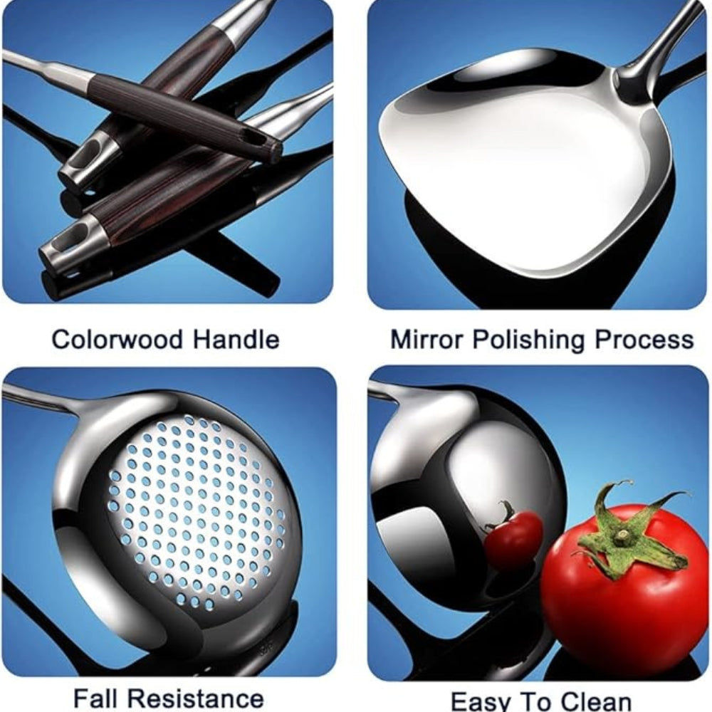Utensil Set 6-Piece Stainless Steel Heads & Wooden Handles - Image 2