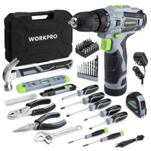 WORKPRO 108-Piece Portable Tool Set with Power Drill, Grey