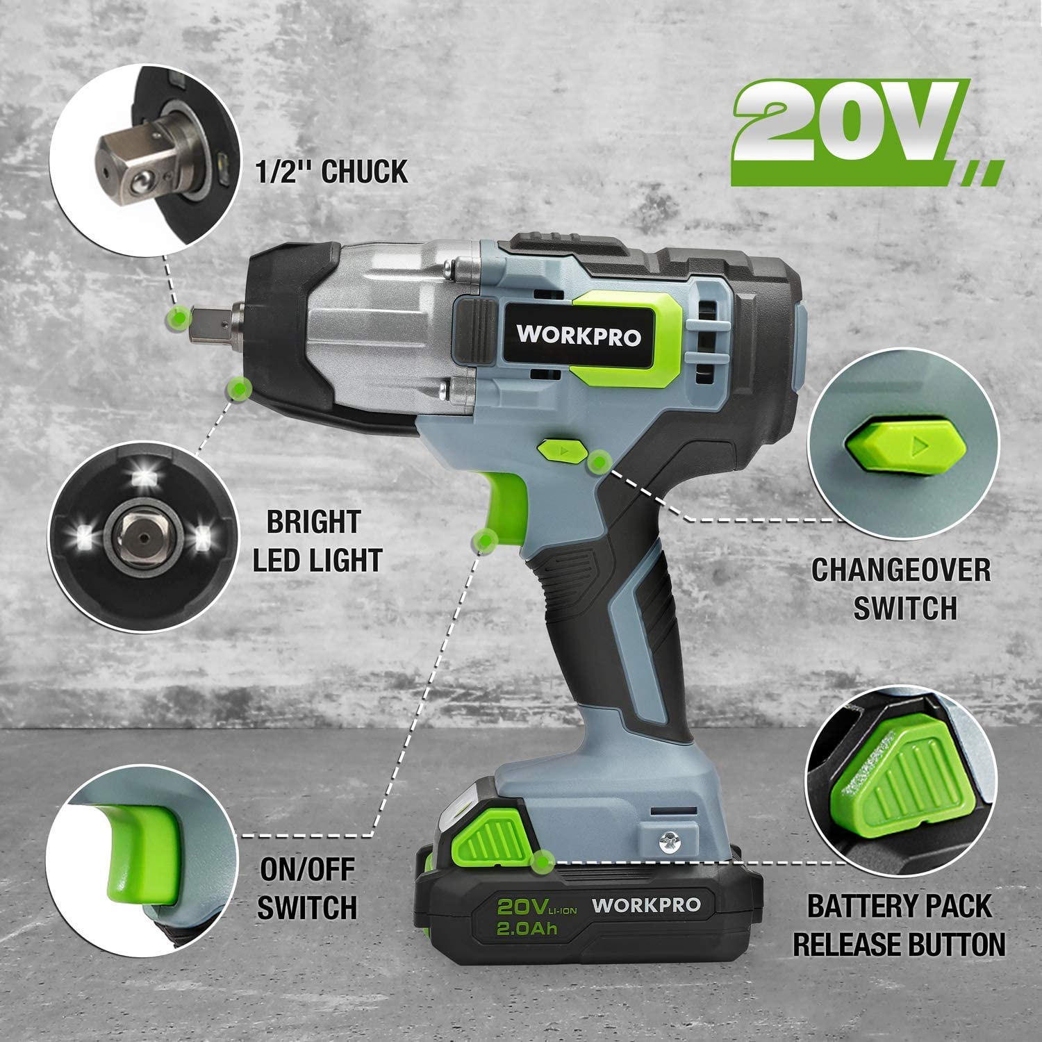WORKPRO 20V Cordless Impact Wrench with Fast Charger Belt Clip for Easy Carrying - Image 2