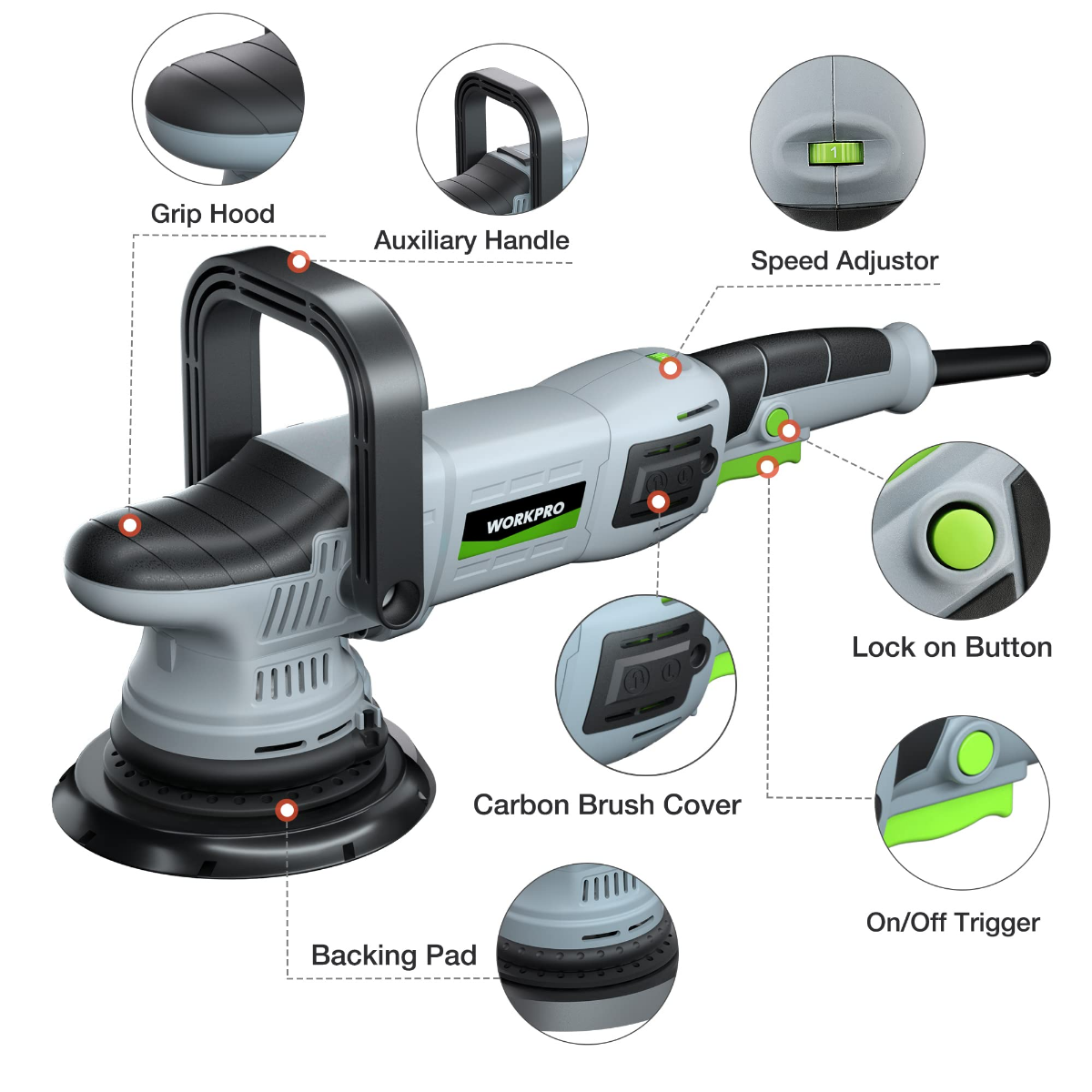 WORKPRO Buffer Polisher, 6-inch 1080W Dual Action Random Orbital Polish Kit - Image 3