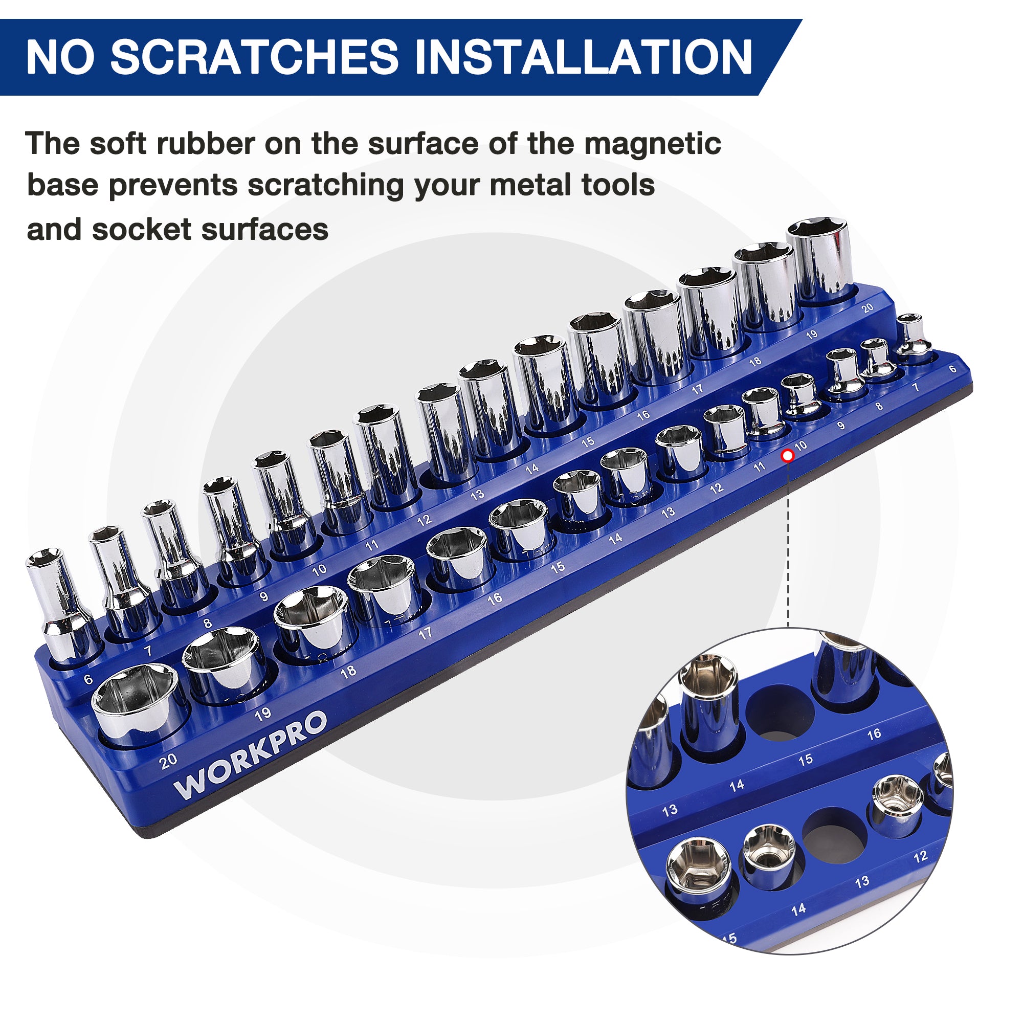 WORKPRO Magnetic Receptacle Organizer Set of 6 Includes 1/4", 3/8", 1/2" Drive Metric SAE Receptacle Tray, Holds 141 Standard Sizes - Image 5