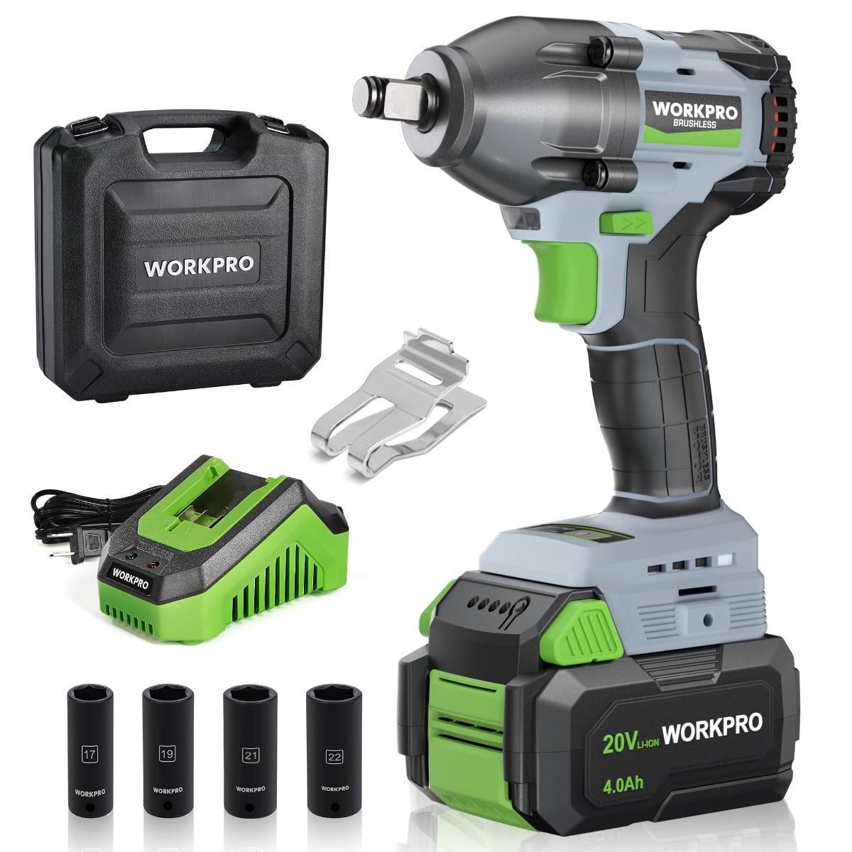 WORKPRO 1/2 inch, 20V Cordless Impact Wrench, with 4.0 Ah Battery, Fast Charger, 4 Impact Sockets and Storage Case