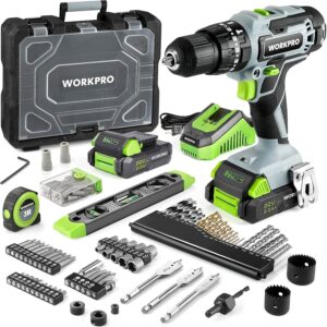 WORKPRO 20V Max Cordless Drill Driver Set, Electric Power Impact Drill Tool with 102 Pieces Accessories, 2 x 2.0Ah Li-ion Batteries with Fast Charger