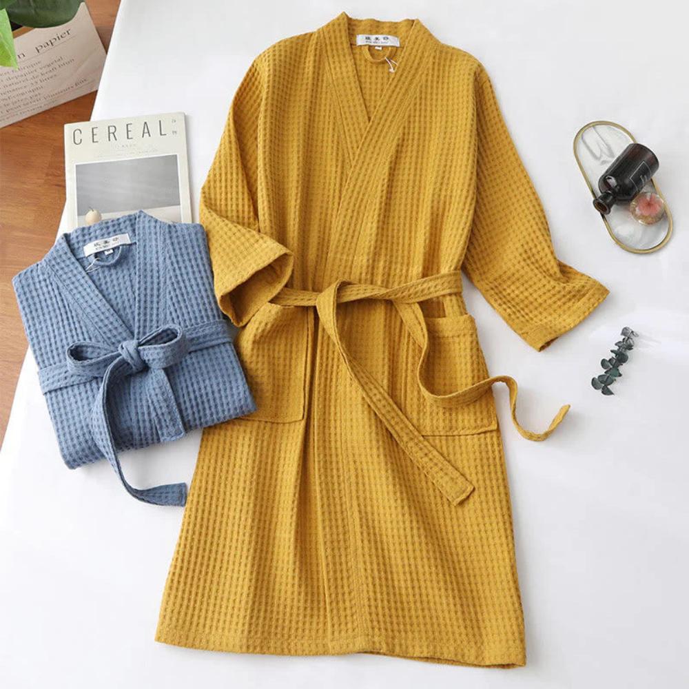Bathrobe Waffle V-Neck 100% Cotton Adjustable Waistband - Image 3