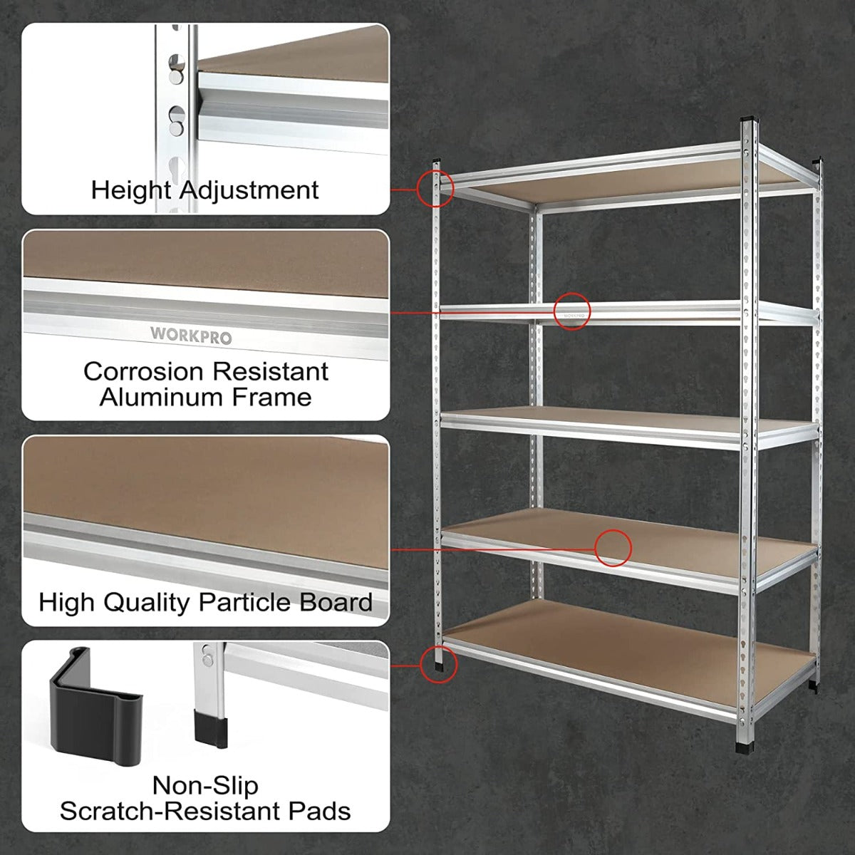 WORKPRO 5-Tier Storage Shelving Unit, 48"W x 24"D x 72"H, Adjustable Storage Rack Heavy Duty Aluminum Alloy Shelf - Image 4