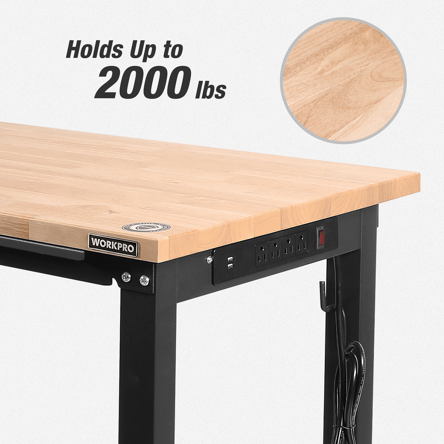 WORKPRO 48"×20" Adjustable Workbench 2000 LBS Load Capacity Hardwood Worktable with Power Outlets - Image 5