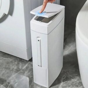 Bathroom Trash Bin Slim Space-Saving Integrated Brush
