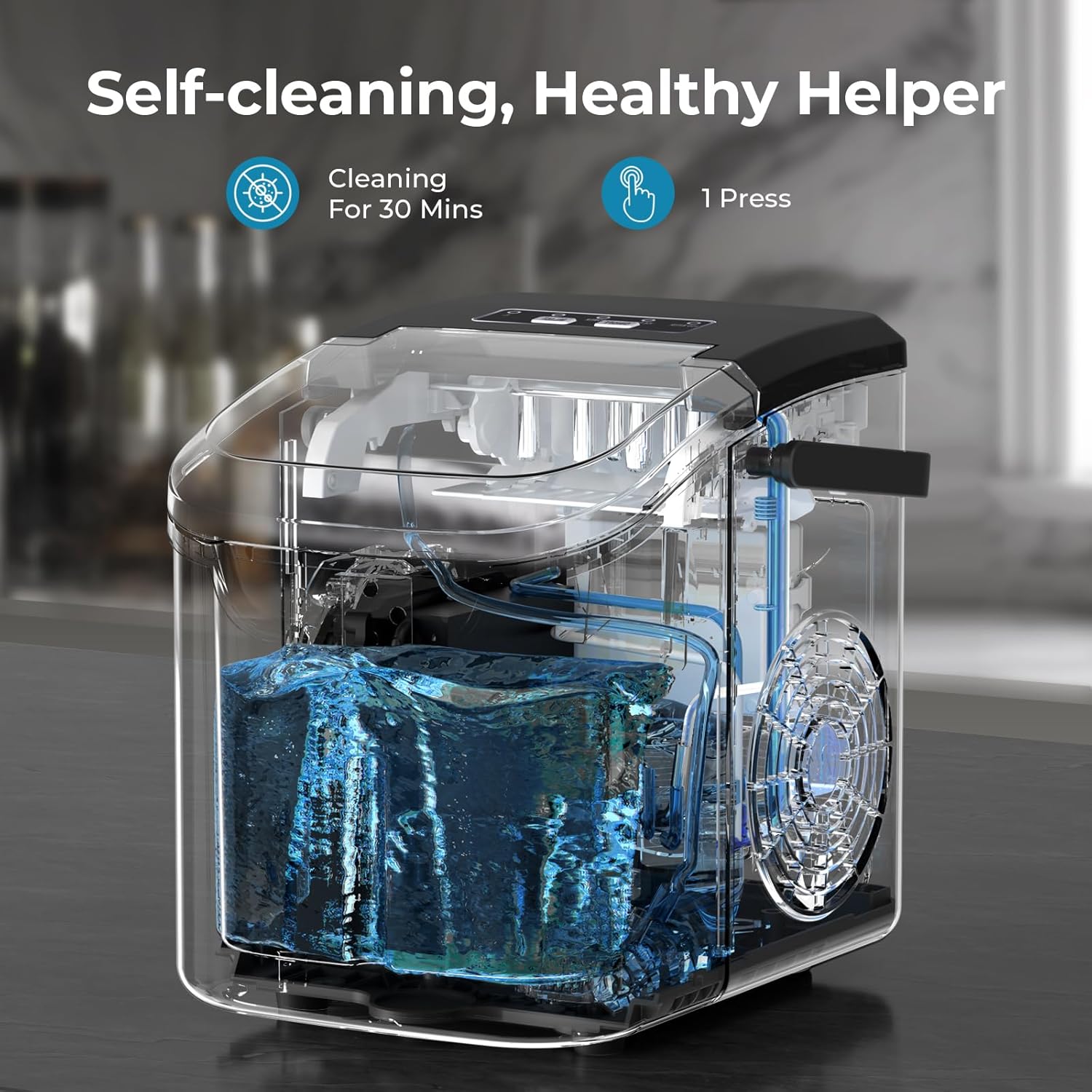 Kismile Ice Makers Countertop with Handle,26.5Lbs/24H,9 Cubes in 6 Mins,2 Sizes of Bullet Ice,Portable Machine with Self-Cleaning,Perfect for Home Kitchen(Black) - Image 5