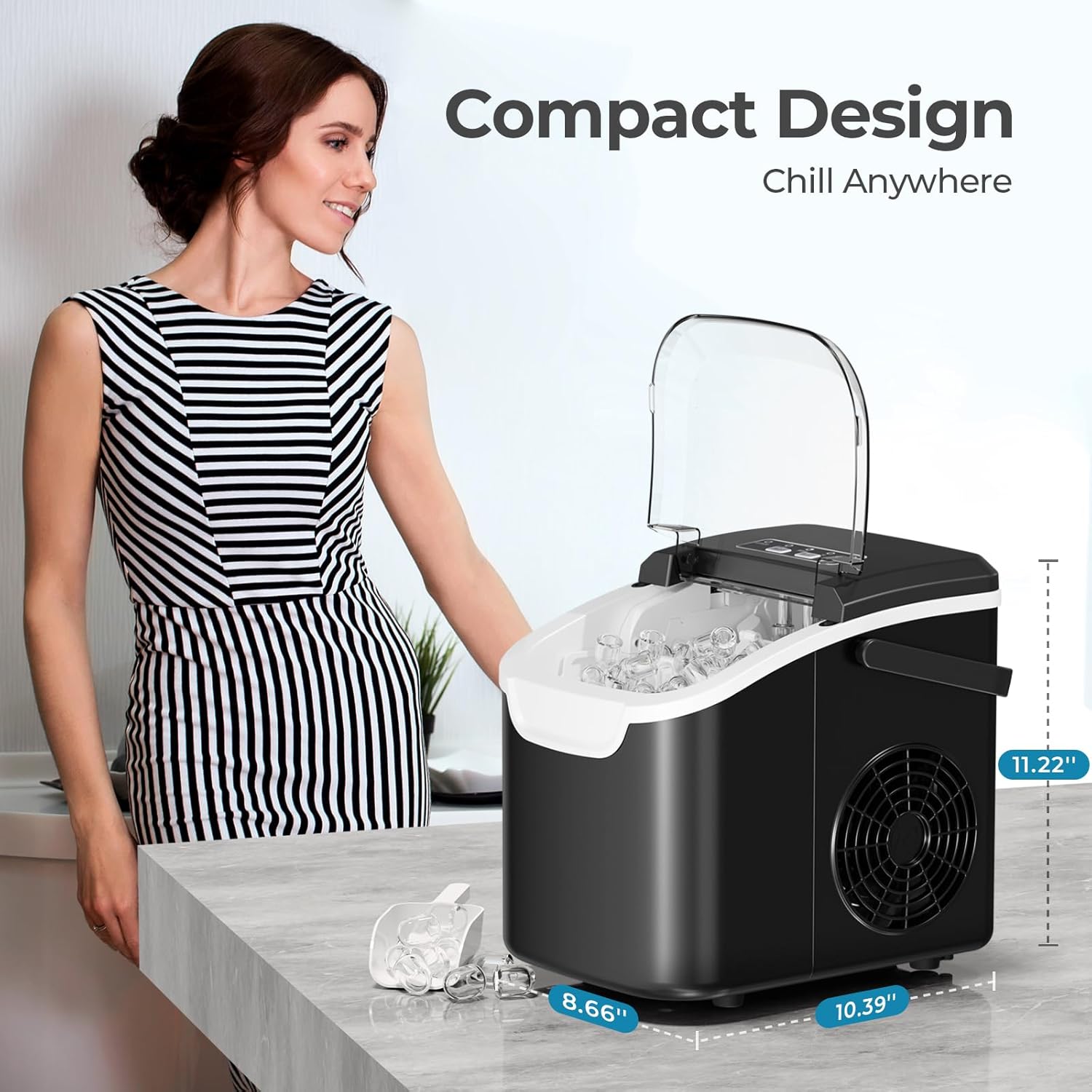 Kismile Ice Makers Countertop with Handle,26.5Lbs/24H,9 Cubes in 6 Mins,2 Sizes of Bullet Ice,Portable Machine with Self-Cleaning,Perfect for Home Kitchen(Black) - Image 7