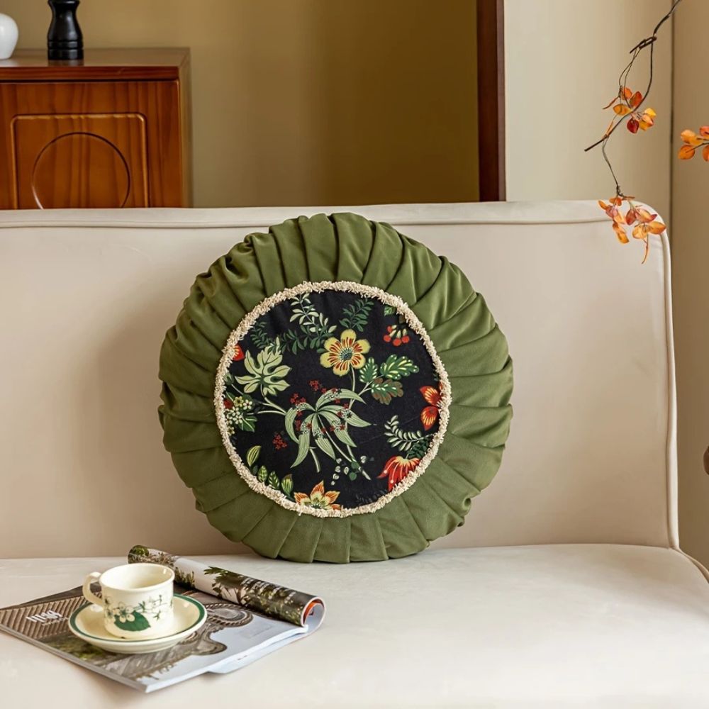 Round Cushion Retro Floral Microfiber Zip-Off Cover - Image 4