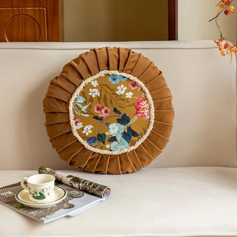 Round Cushion Retro Floral Microfiber Zip-Off Cover - Image 5