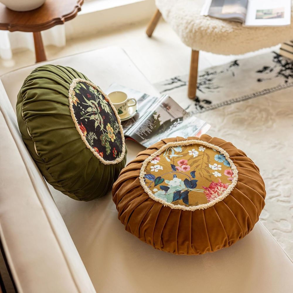 Round Cushion Retro Floral Microfiber Zip-Off Cover - Image 7