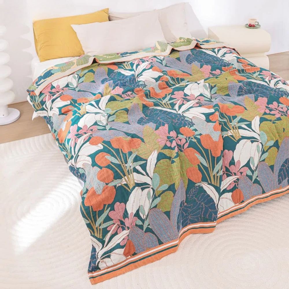 Cotton Gauze Blanket Botanical Print All-Season Machine Washable - Image 2