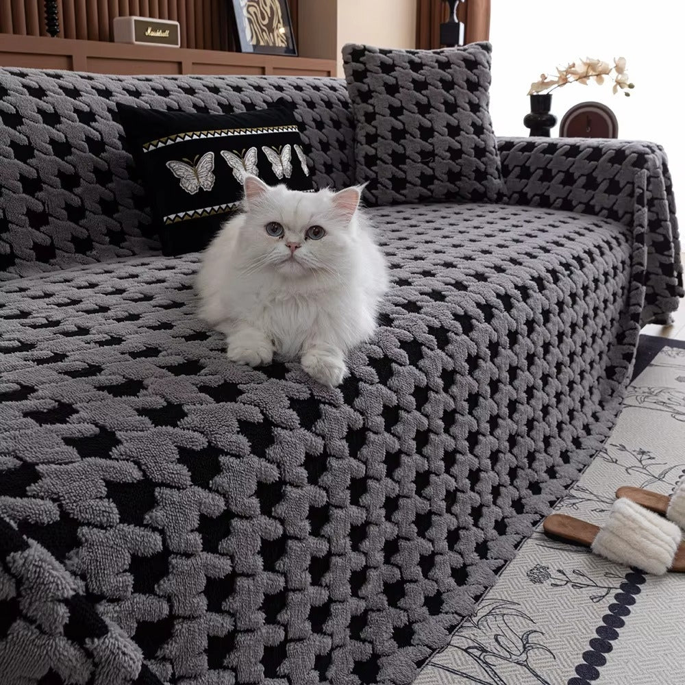 Sofa Cover Houndstooth Plush Microfiber Non-Slip Backing & Machine Washable - Image 3