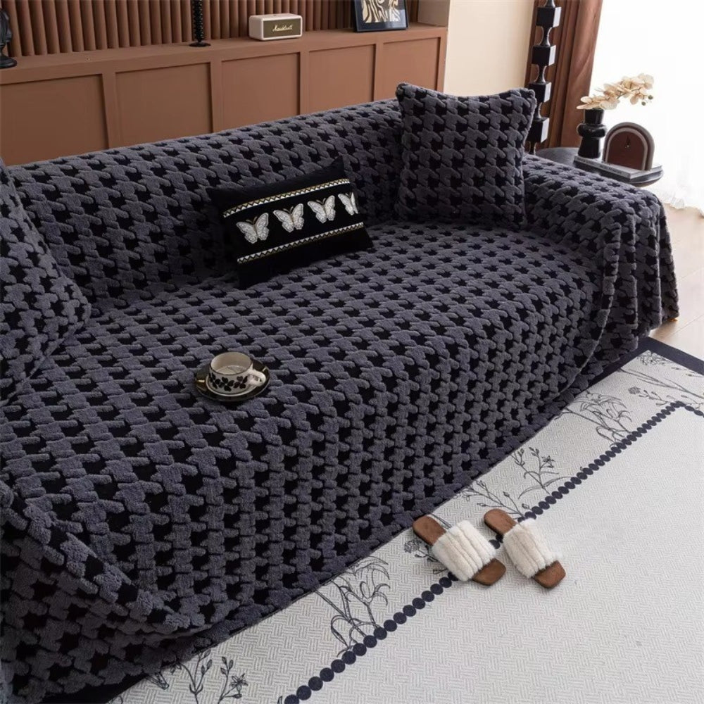Sofa Cover Houndstooth Plush Microfiber Non-Slip Backing & Machine Washable - Image 13