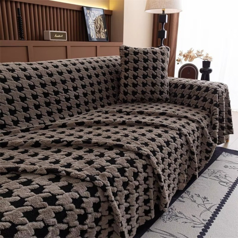 Sofa Cover Houndstooth Plush Microfiber Non-Slip Backing & Machine Washable - Image 5