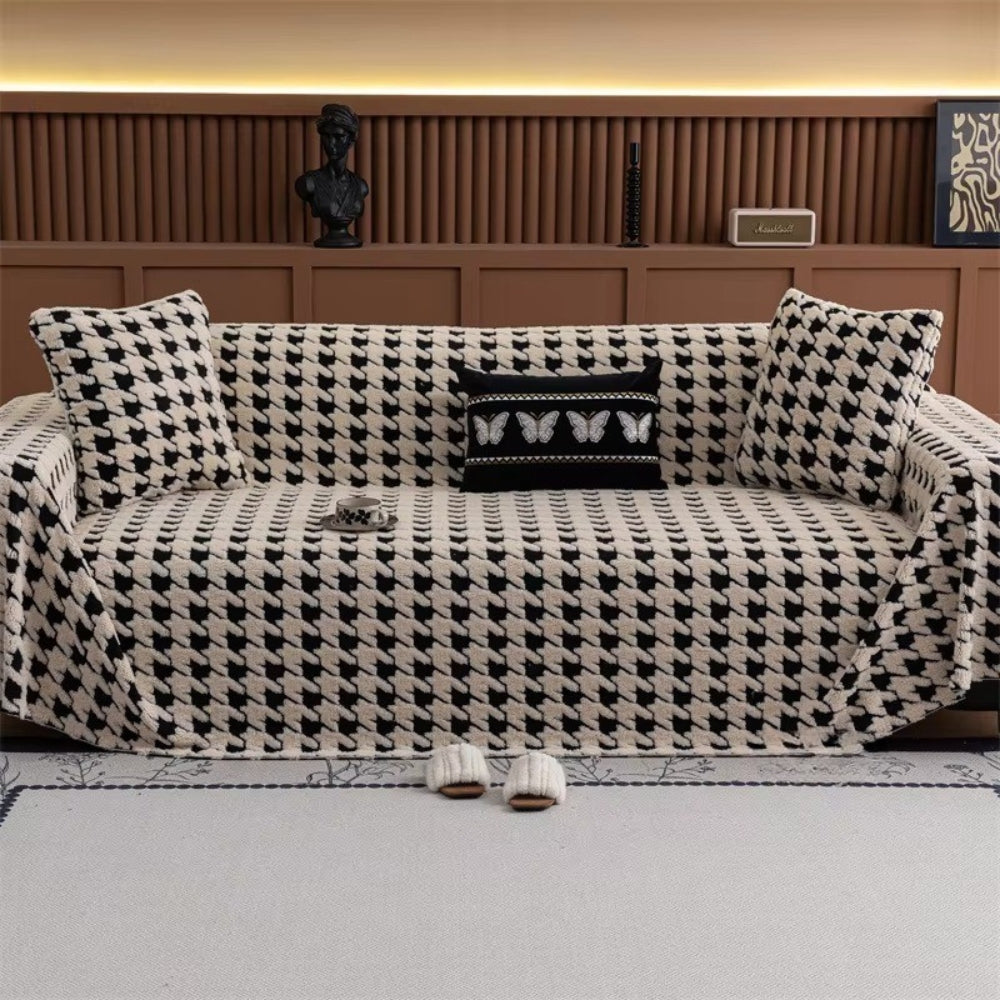 Sofa Cover Houndstooth Plush Microfiber Non-Slip Backing & Machine Washable - Image 15
