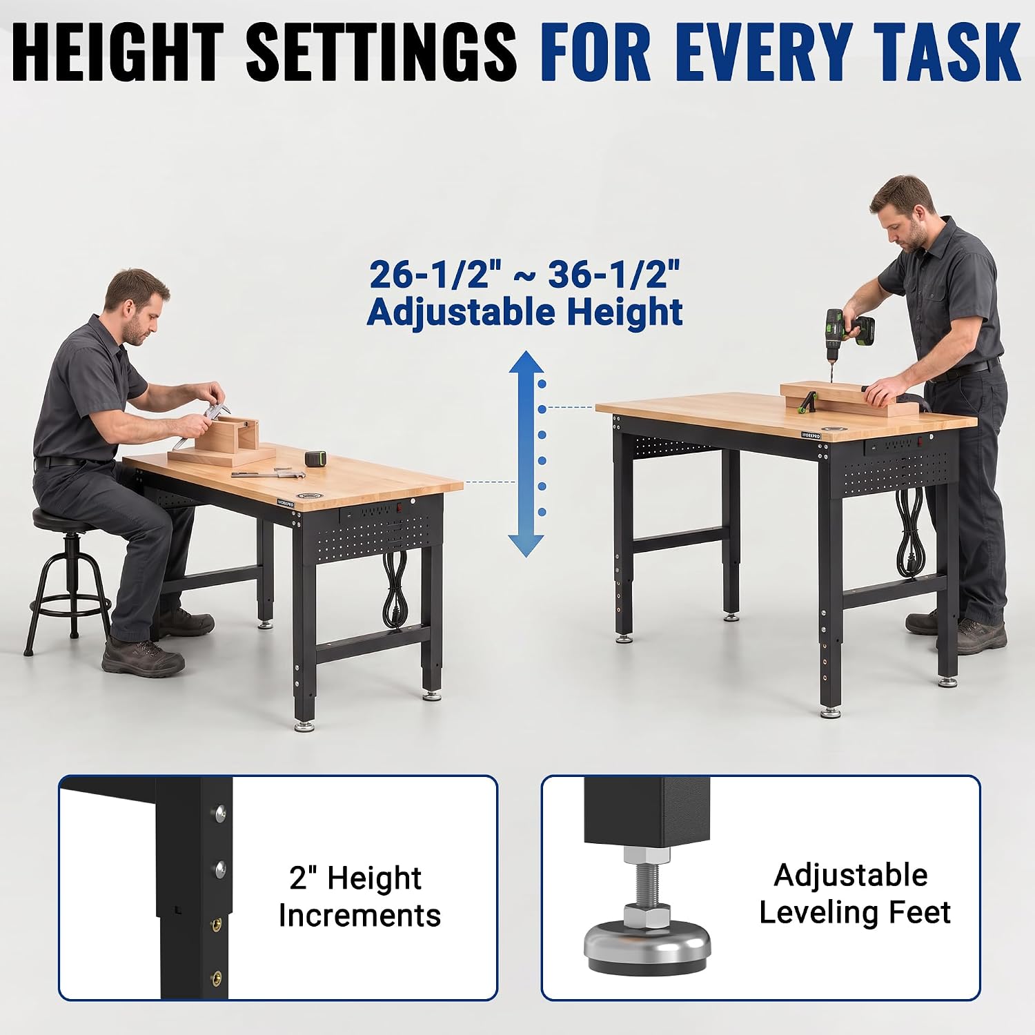 WORKPRO 48"x24" Adjustable Garage Workbench, 2000 LBS, Pegboard - Image 4