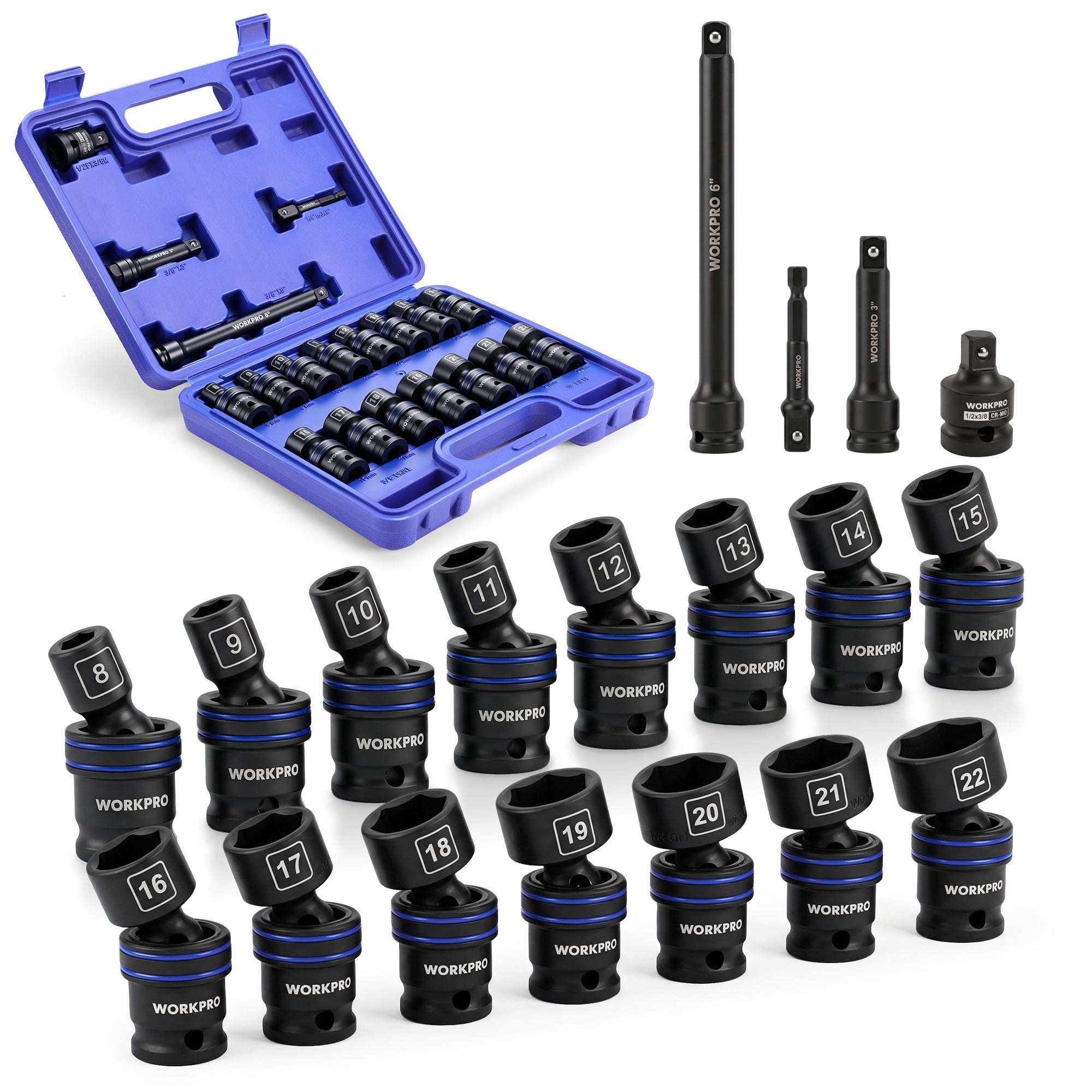 WORKPRO 19-Piece 3/8" Dr. Universal Impact Socket Set, Metric