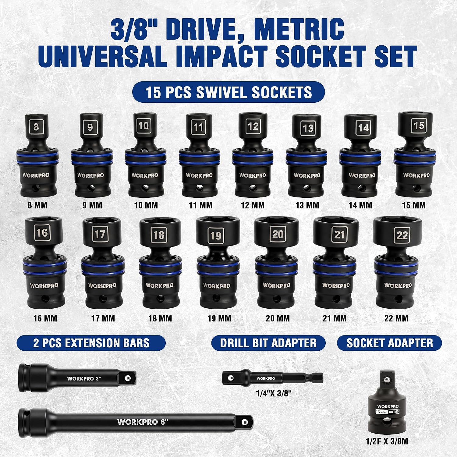 WORKPRO 19-Piece 3/8" Dr. Universal Impact Socket Set, Metric - Image 3