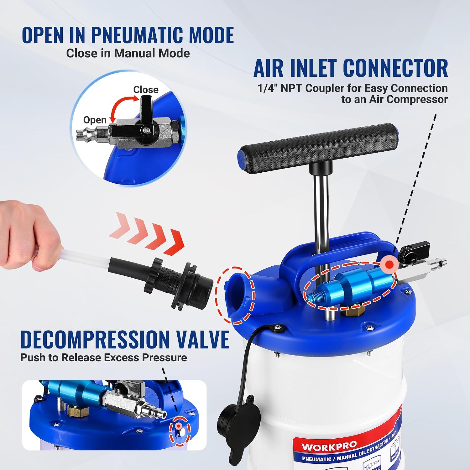 WORKPRO 6.5L Pneumatic/Manual Oil Extractor Pump | Dual Operation Mode, Oil Extraction, 6.5L Capacity - Image 6