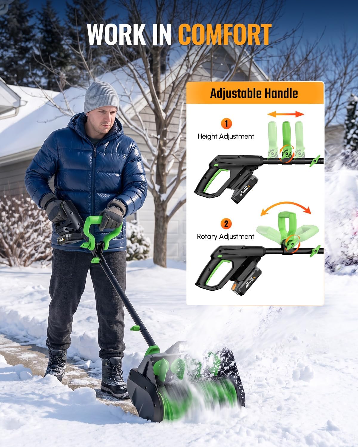 WORKPROX Cordless Snow Shovel, 13-Inch, 20V Battery Included | 23 ft Throw Distance, 4.0Ah Battery, 30° Adjustable Chute, LED Lights, Lightweight, For Steps, Walkways & Driveways - Image 6