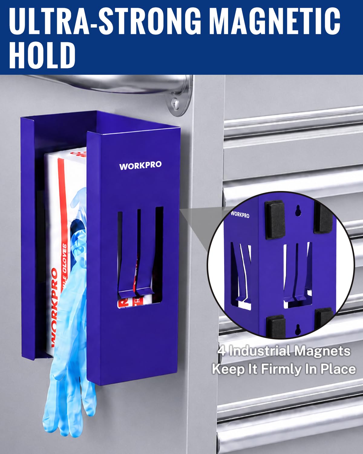 WORKPRO Magnetic Glove Dispenser, Heavy Duty Steel Glove Box Holder with 4 Strong Magnets, Wall Mount Glove Holder for Nitrile Gloves, Garage, Workshop, Warehouse and Laboratory - Image 3