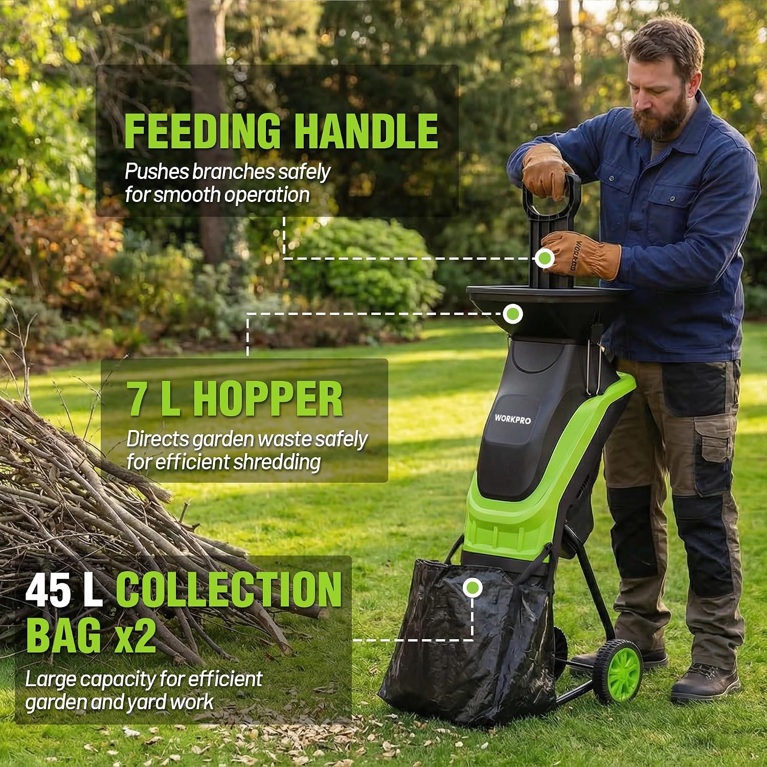 WORKPRO Electric Wood Chipper, 15A 4300RPM Corded Branch Shredder, 1.73" Cutting Capacity, 14:1 Reduction Ratio, SK5 Dual-Blade System, Portable Yard Chipper with Wheels & Collection Bag - Image 6