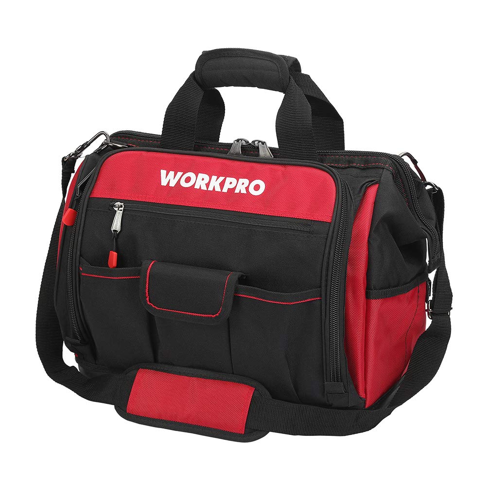 WORKPRO 16" Top Wide Mouth Tool Bag with Water Proof Rubber Base, Multi-Compartment, 46 Pockets