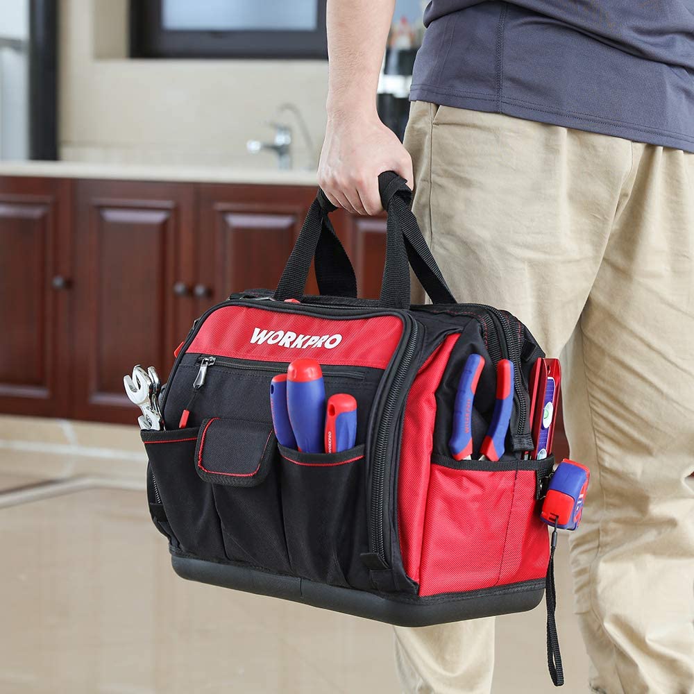 WORKPRO 16" Top Wide Mouth Tool Bag with Water Proof Rubber Base, Multi-Compartment, 46 Pockets - Image 3