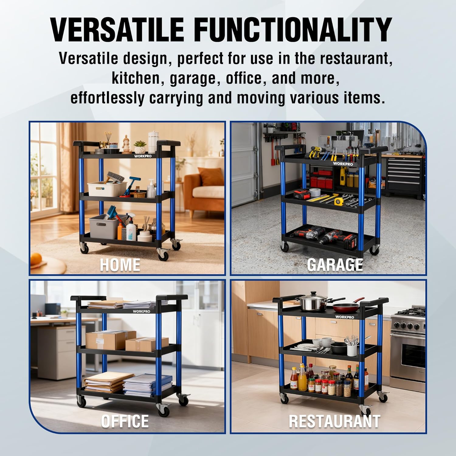 WORKPRO 3-Tier Service Utility Cart, 400LBS Plastic Rolling Cart with Handles & Lockable Wheels, Heavy Duty Storage Cart for Restaurant, Kitchen, Office, Garage, Warehouse - Image 5