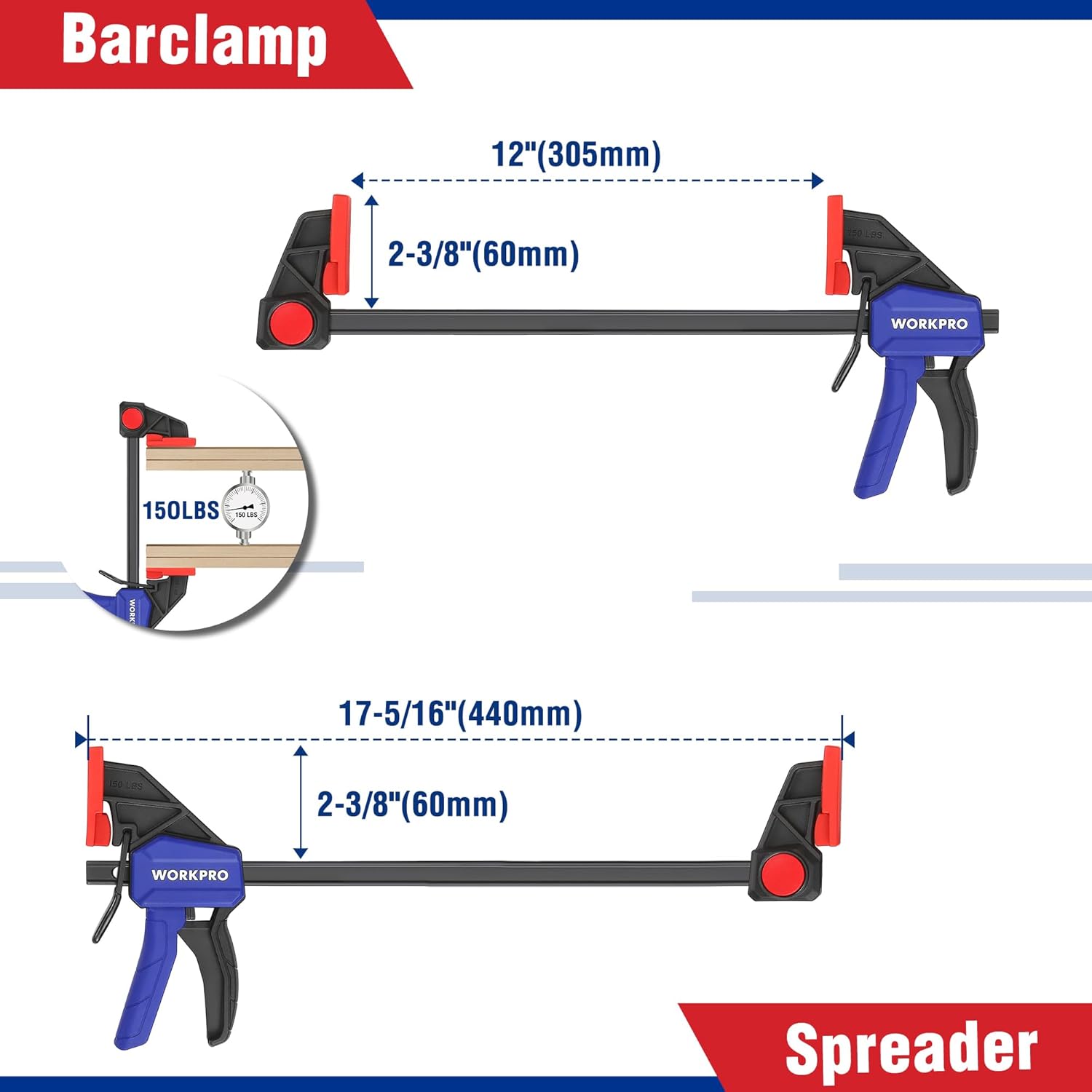 WORKPRO 10-Pack Clamps for Woodworking, 12" & 6" Bar Clamps, 2 Quick-Release Ratcheting Wood Clamps and 4 Spring Clamps, Light Duty F Clamps/Spreader 150 LBS Load Limit - Image 2