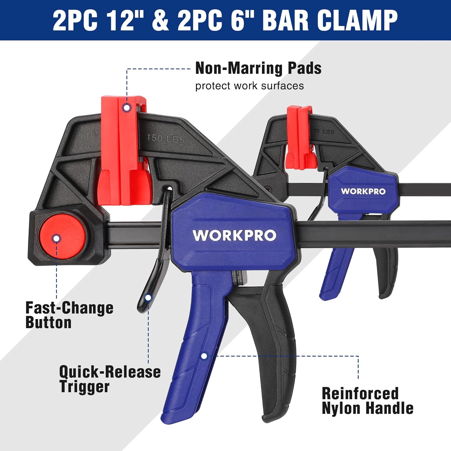 WORKPRO 10-Pack Clamps for Woodworking, 12" & 6" Bar Clamps, 2 Quick-Release Ratcheting Wood Clamps and 4 Spring Clamps, Light Duty F Clamps/Spreader 150 LBS Load Limit - Image 5
