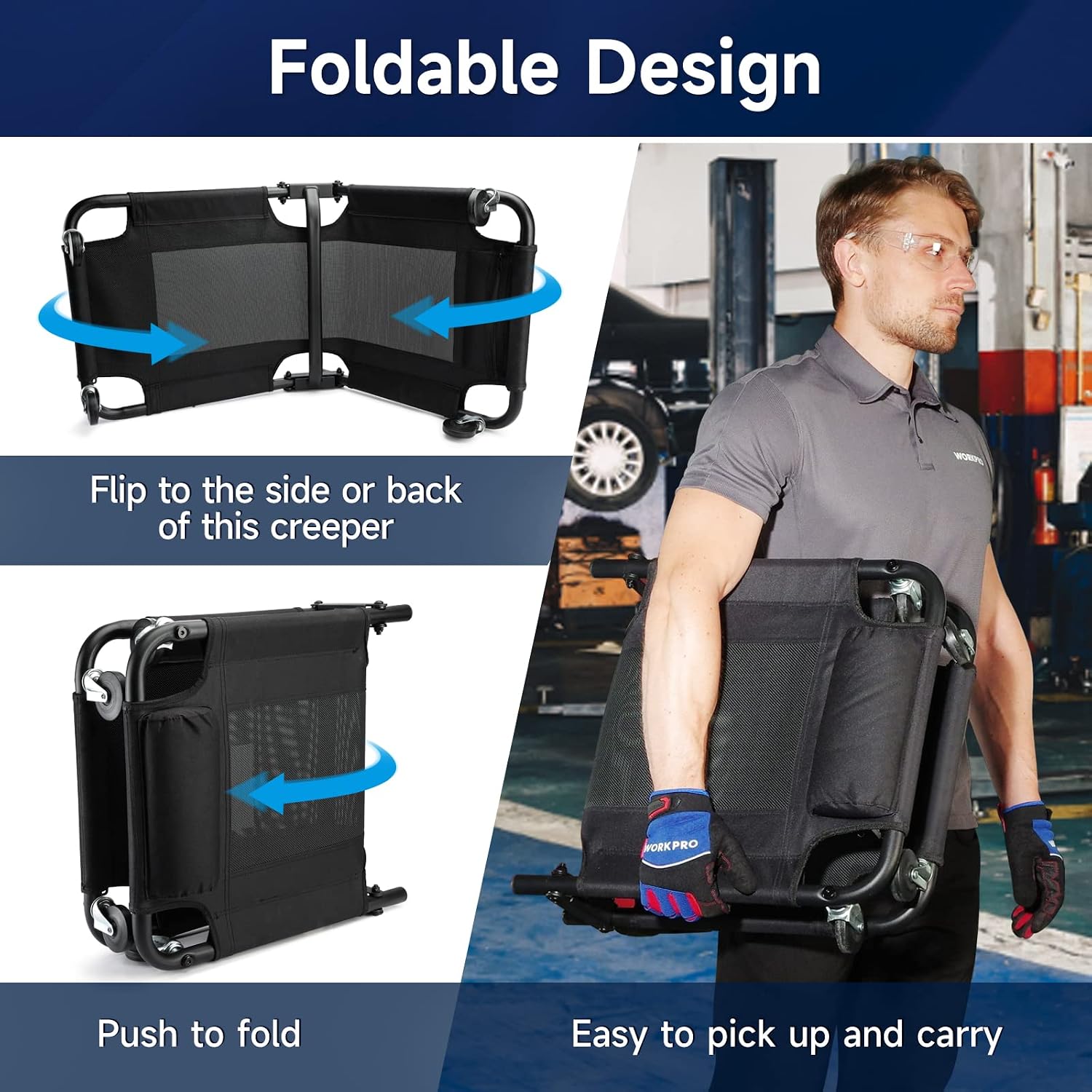 WORKPRO 40-Inch Foldable Automotive Creeper, Heavy Duty Rolling Garage Mechanic Creeper, Padded Headrest, 4 Swivel Wheels, 350 lbs Capacity Car Creeper for Repair & Maintenance - Image 5