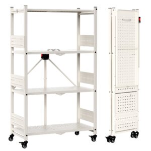 WORKPRO 4-Tier Folding Shelf, No-Assembly Metal Storage Rack with Wheels, 600 lbs Capacity (with Leveling Feet), Collapsible Shelving Unit for Kitchen, Pantry, Closet & Craft Shows - White