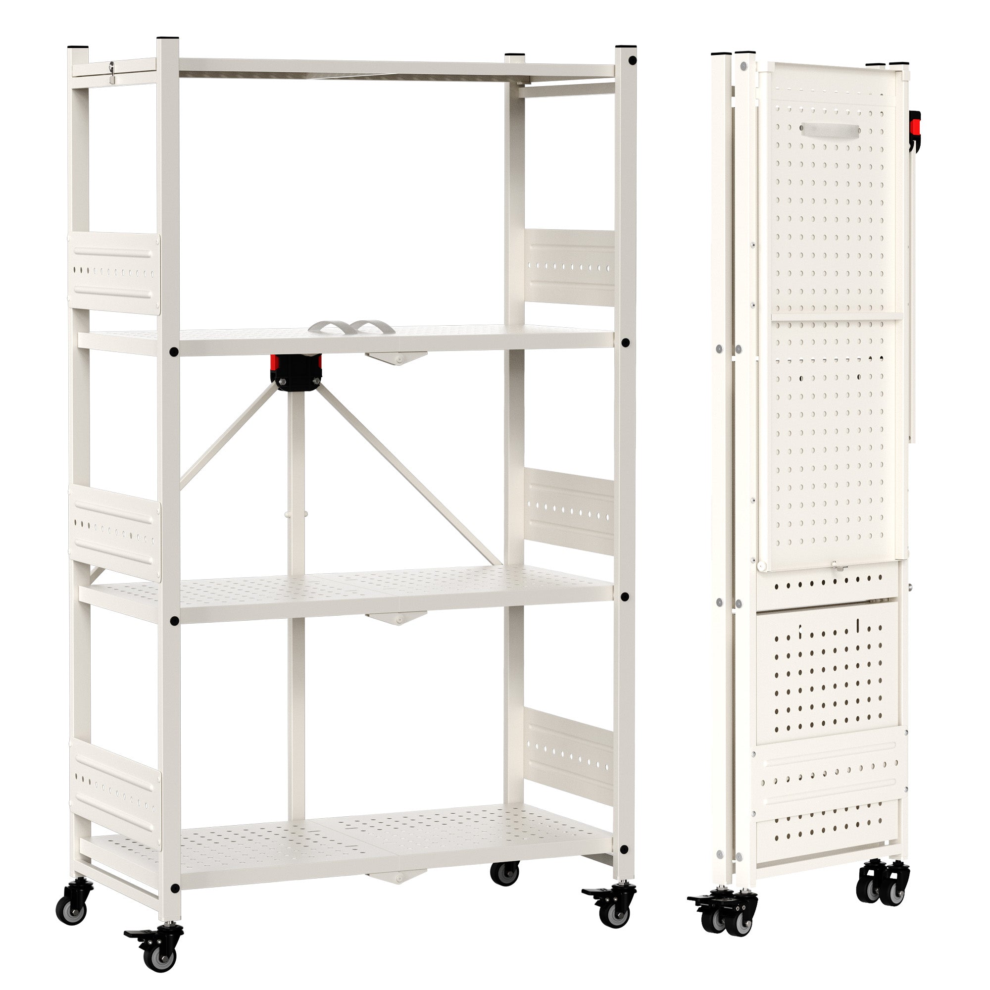 WORKPRO 4-Tier Folding Shelf, No-Assembly Metal Storage Rack with Wheels, 600 lbs Capacity (with Leveling Feet), Collapsible Shelving Unit for Kitchen, Pantry, Closet & Craft Shows - White