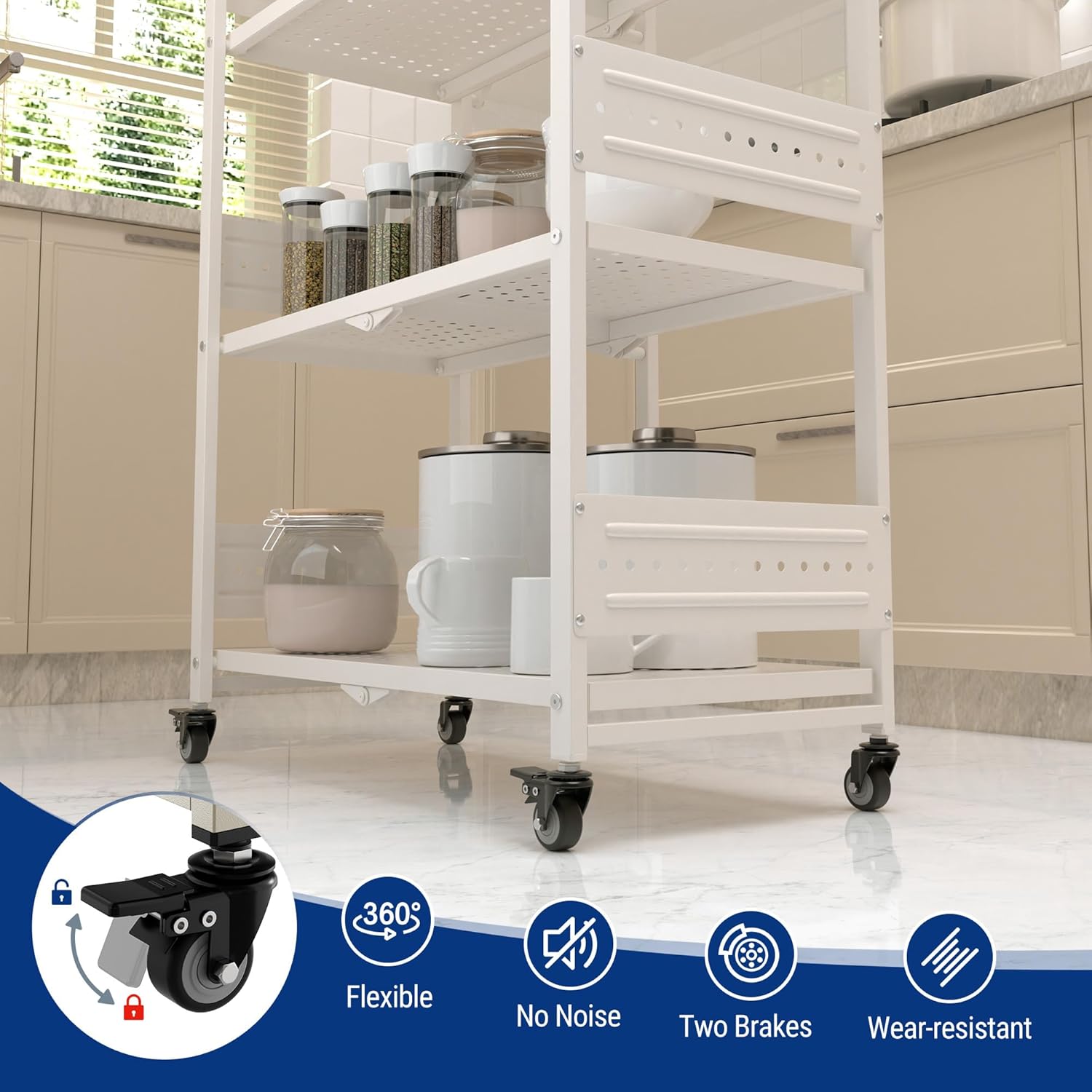 WORKPRO 4-Tier Folding Shelf, No-Assembly Metal Storage Rack with Wheels, 600 lbs Capacity (with Leveling Feet), Collapsible Shelving Unit for Kitchen, Pantry, Closet & Craft Shows - White - Image 6