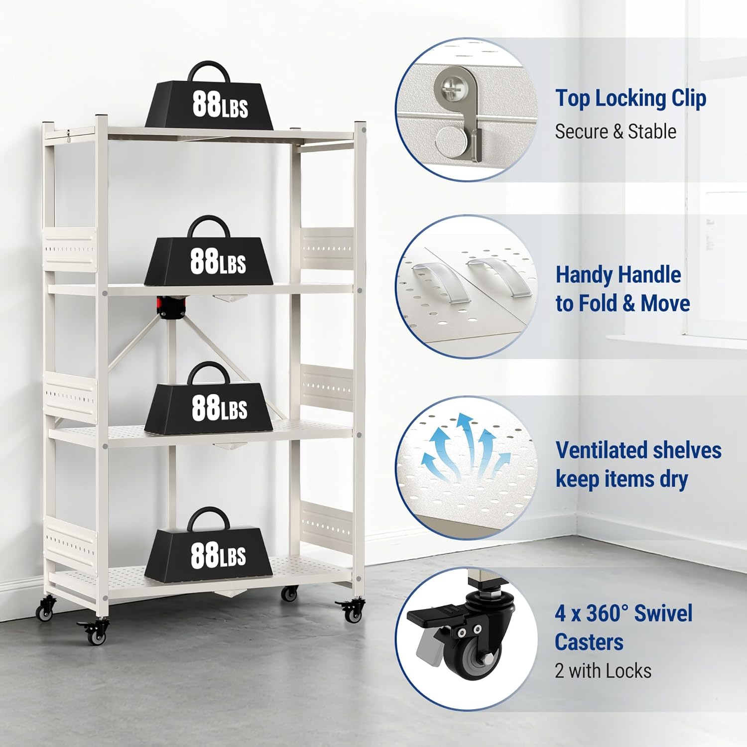 WORKPRO 4-Tier Folding Shelf, No-Assembly Metal Storage Rack with Wheels, 600 lbs Capacity (with Leveling Feet), Collapsible Shelving Unit for Kitchen, Pantry, Closet & Craft Shows - White - Image 7