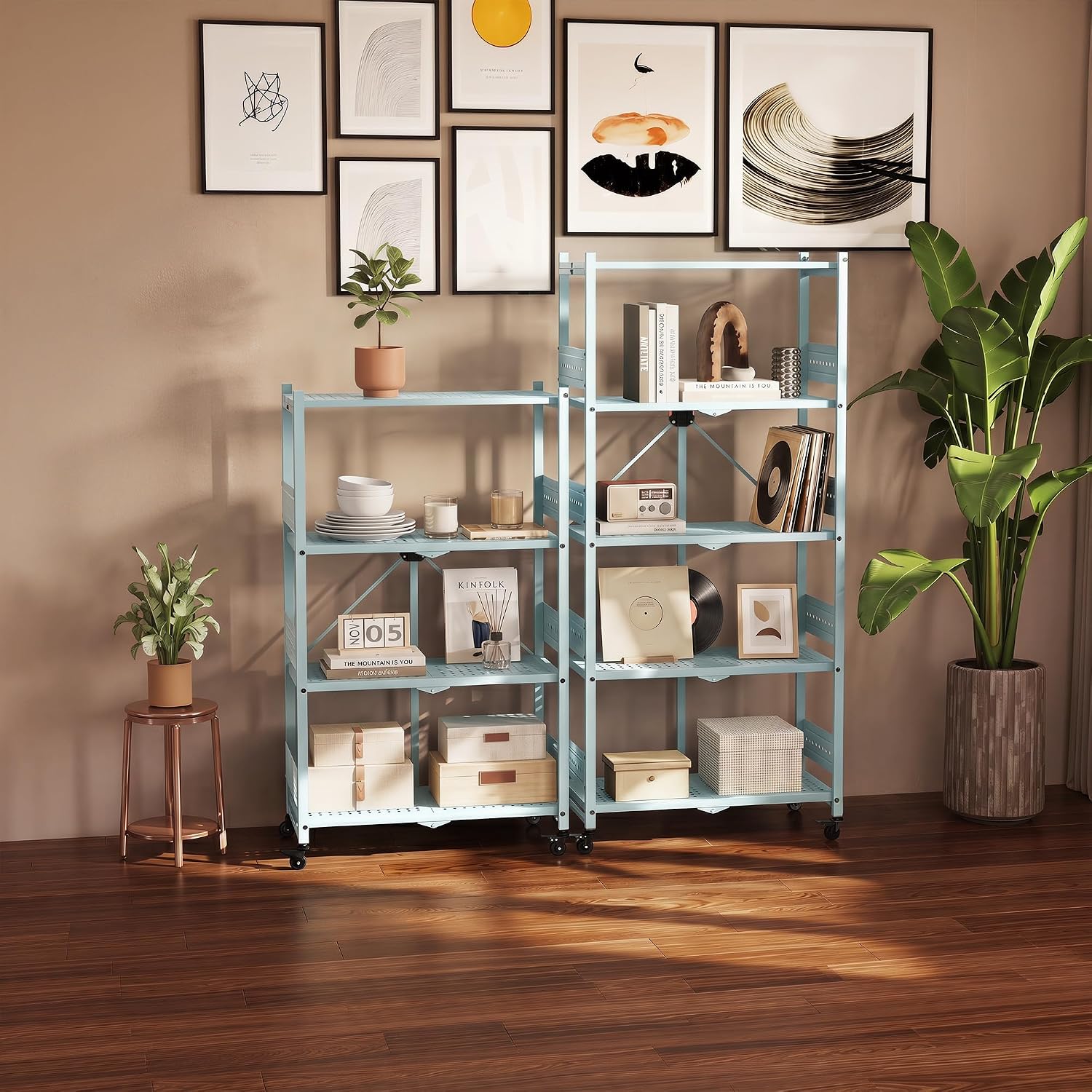 WORKPRO 4-Tier Folding Shelf, No-Assembly Metal Storage Rack with Wheels, 600 lbs Capacity (with Leveling Feet), Collapsible Shelving Unit for Kitchen, Pantry, Closet & Craft Shows - Blue - Image 2